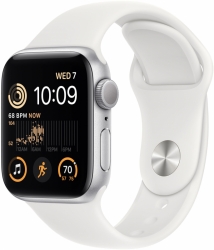 Apple Watch SE (2‑го поколения), 40 мм, корпус из алюминия серебристого цвета, спортивный ремешок белого цвета