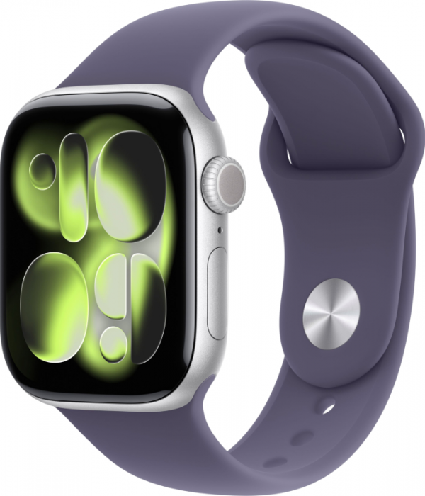 Apple Watch Series 11, 42 мм, корпус из алюминия серебристого цвета, спортивный ремешок цвета «фиолетовый туман»