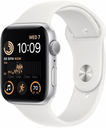 Apple Watch SE (2‑го поколения), 44 мм, корпус из алюминия серебристого цвета, спортивный ремешок белого цвета